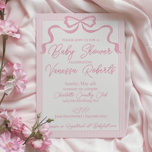 Invitation Baby shower à mâchoires roses, ruban rose