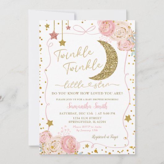 Invitation Baby shower à main rose floral Twinkle Twinkle (Devant)