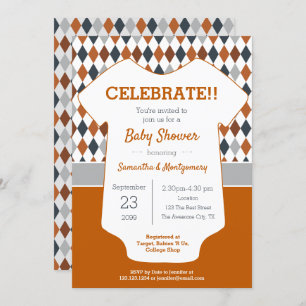 Invitation Baby shower à motif Jacquard orange et gris brûlé
