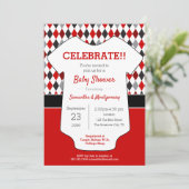 Invitation Baby shower à motif Jacquard rouge et noir (Debout devant)
