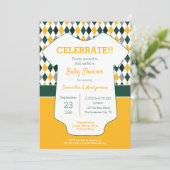 Invitation Baby shower à motif Jacquard vert et jaune (Debout devant)
