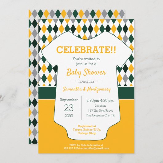 Invitation Baby shower à motif Jacquard vert et jaune (Devant / Derrière)