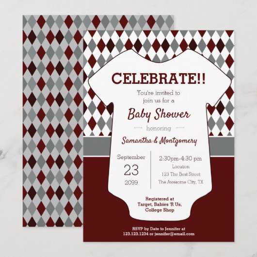 Invitation Baby shower à motif marron et Jacquard gris (Devant / Derrière)