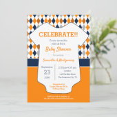 Invitation Baby shower à motifs marine et Jacquard orange (Debout devant)