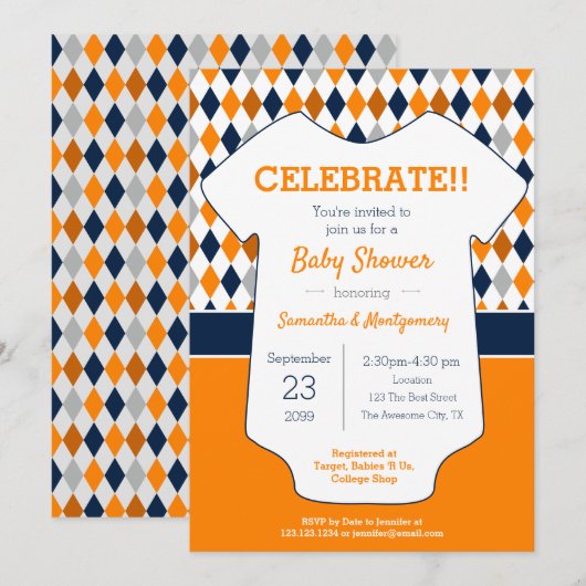 Invitation Baby shower à motifs marine et Jacquard orange (Devant / Derrière)