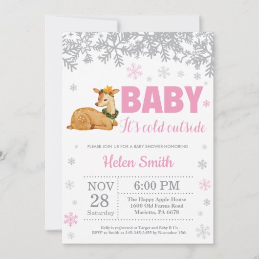 Invitation Baby shower à neige cerf hiver rose fille (Devant)