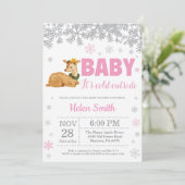 Invitation Baby shower à neige cerf hiver rose fille (Debout devant)