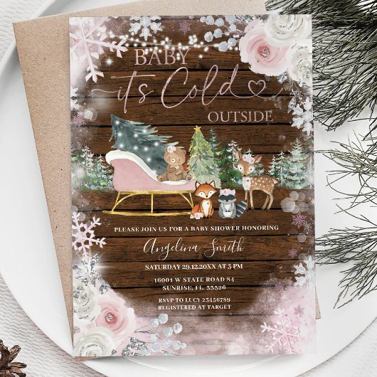 Invitation Baby shower à neige rose d'hiver Bois
