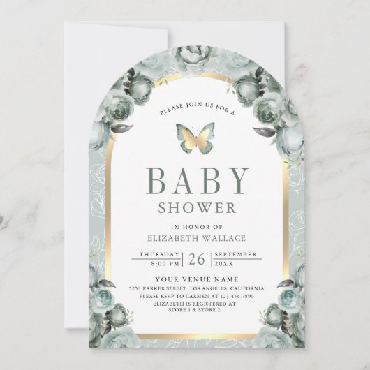Invitation Baby shower à papillon à arc fleuri vert Sage (Devant)
