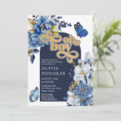 Invitation Baby shower à papillon bleu et or Floral Navy (Debout devant)