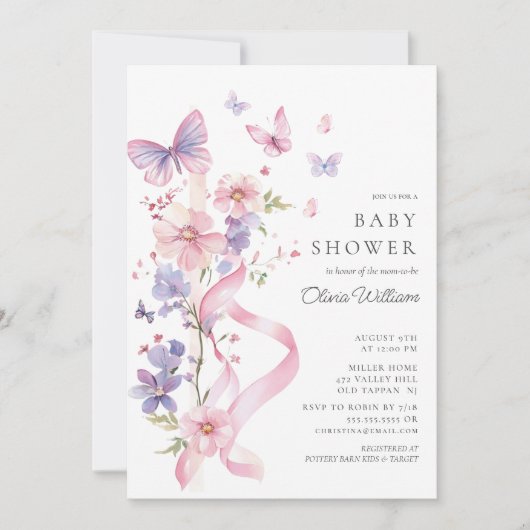Invitation Baby shower à papillon en fleurs et en creux (Devant)