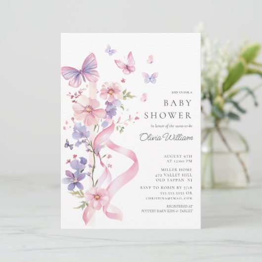 Invitation Baby shower à papillon en fleurs et en creux (Debout devant)