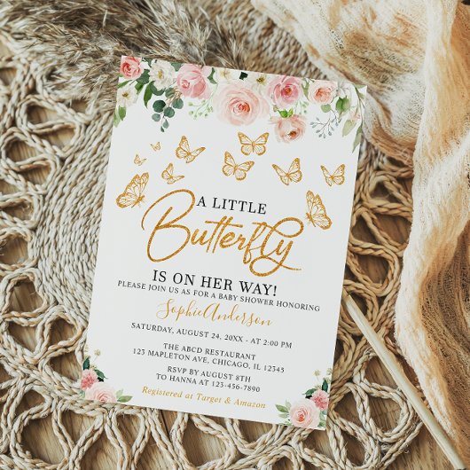 Invitation Baby shower à papillon floral rose pâle