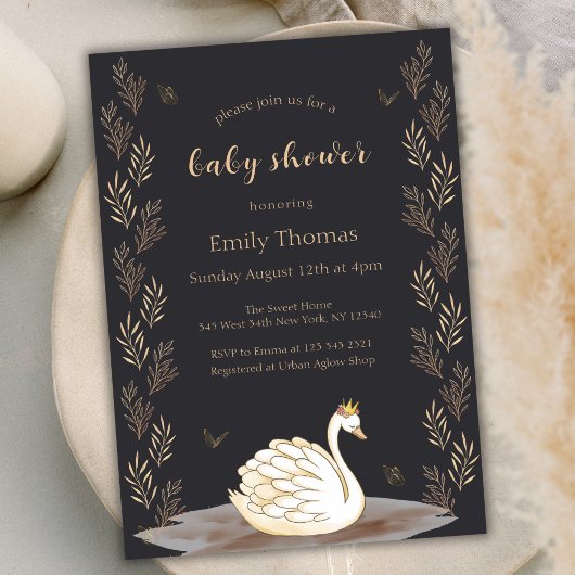 Invitation Baby shower à papillon noir Princess Swan Gold