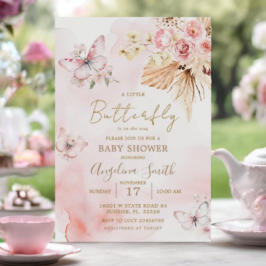Invitation Baby shower à papillon rose boho