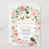 Invitation Baby shower à papillon rose or Floral par courrier (Devant)