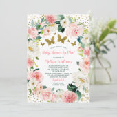 Invitation Baby shower à papillon rose or Floral par courrier (Debout devant)