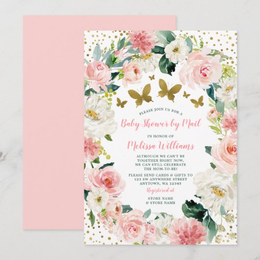 Invitation Baby shower à papillon rose or Floral par courrier (Devant / Derrière)