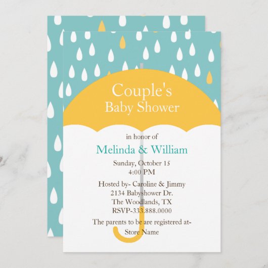 Invitation Baby shower à parapluie jaune (Devant / Derrière)