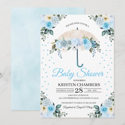 Invitation Baby shower à parapluies bleu (Devant / Derrière)