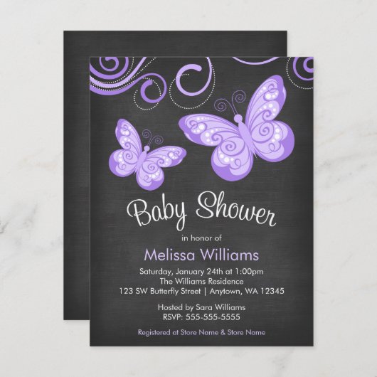 Invitation Baby shower à permules de papillon pourpre Chalkbo (Devant / Derrière)
