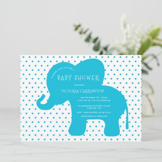 Invitation Baby shower À petits pois Eléphant Bleu Cute (Debout devant)