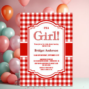 Invitation Baby shower à plat de buffle rouge et blanc