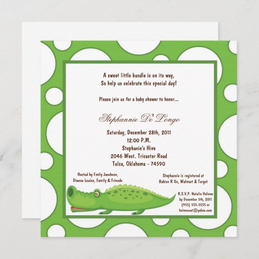 Invitation baby shower à point de lecture Gator 5x7 (Devant / Derrière)