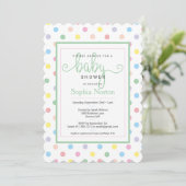 Invitation Baby Shower à Points Pastels Doux (Debout devant)