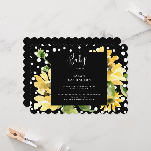 Invitation Baby shower à points Polka de Tournesol mignon (Devant/Arrière en situation)