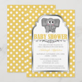 Invitation Baby shower à points polka jaune Eléphant (Devant / Derrière)