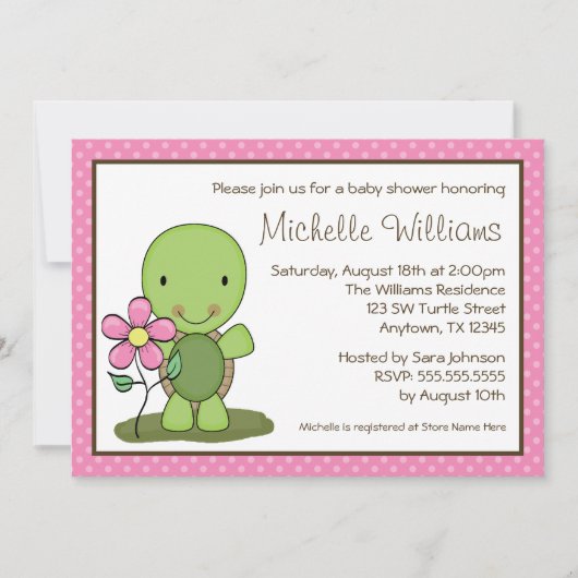 Invitation Baby shower à points roses de tortue mûre (Devant)