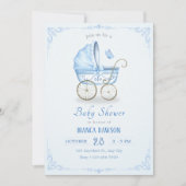 Invitation Baby shower à poussette bleu pastel (Devant)