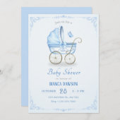 Invitation Baby shower à poussette bleu pastel (Devant / Derrière)