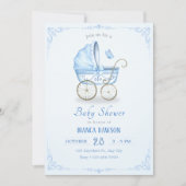 Invitation Baby shower à poussette bleu pastel (Devant)