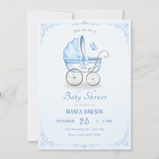 Invitation Baby shower à poussette bleu pastel (Devant)