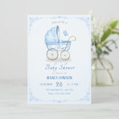 Invitation Baby shower à poussette bleu pastel (Debout devant)