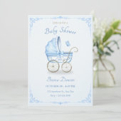 Invitation Baby shower à poussette bleu pastel (Debout devant)