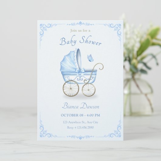 Invitation Baby shower à poussette bleu pastel (Debout devant)