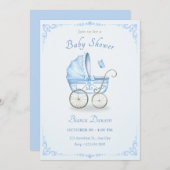 Invitation Baby shower à poussette bleu pastel (Devant / Derrière)