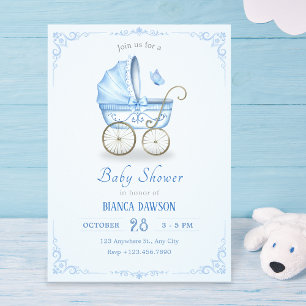 Invitation Baby shower à poussette bleu pastel