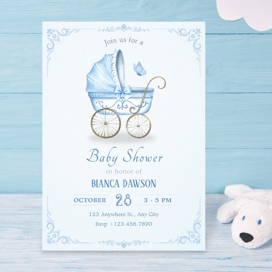 Invitation Baby shower à poussette bleu pastel