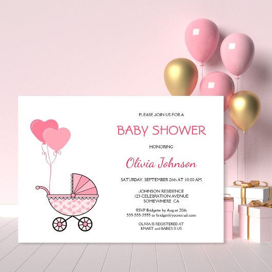 Invitation Baby shower à poussette rose