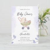Invitation Baby shower à poussette simple blanc foncé violet (Debout devant)