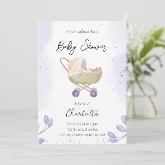 Invitation Baby shower à poussette simple blanc foncé violet (Debout devant)