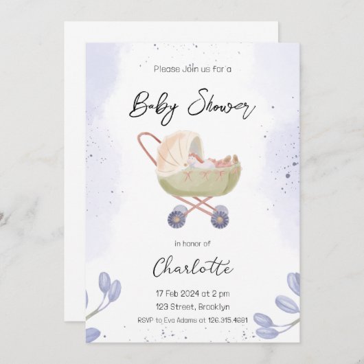Invitation Baby shower à poussette simple blanc foncé violet (Devant / Derrière)