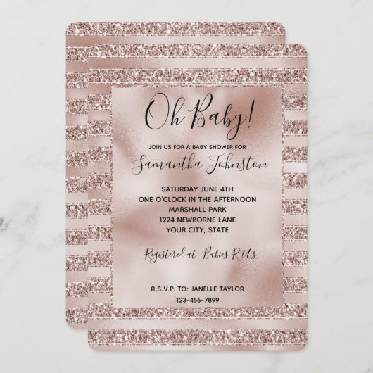Invitation Baby shower à rayures de Parties scintillant rose  (Devant / Derrière)
