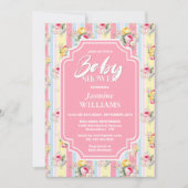 Invitation Baby shower à rayures florales roses (Devant)