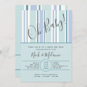 Invitation Baby shower à rayures moderne avec tombole (Devant / Derrière)