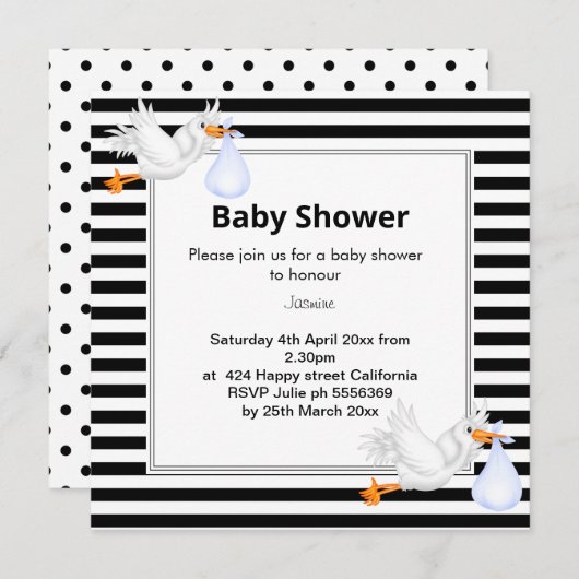 Invitation Baby shower à rayures noir et blanc (Devant / Derrière)